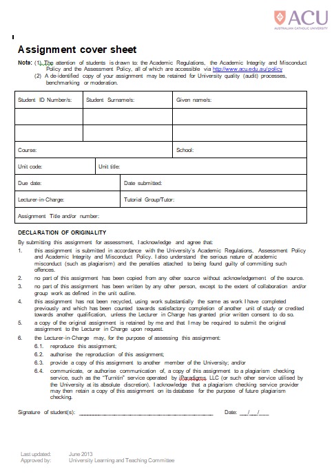 ACU Assignment Cover Sheet Sample ACU Assignment Cover Sheet Sample