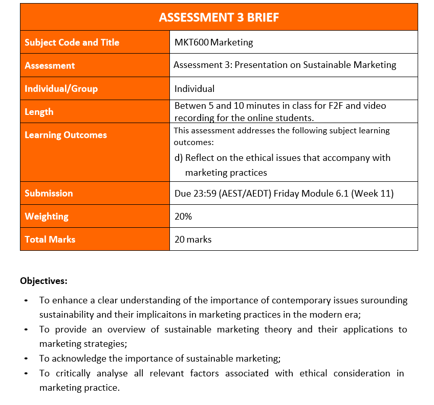 MKT600 Sustainable Marketing Assignment Sample MKT600 Sustainable Marketing Assignment Sample