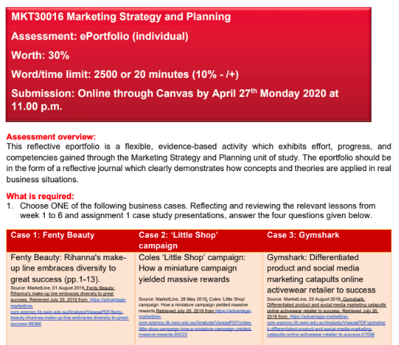 MKT30016 Marketing Strategy and Planning E-Portfolio Assessment Sample MKT30016 Marketing Strategy and Planning E-Portfolio Assessment Sample