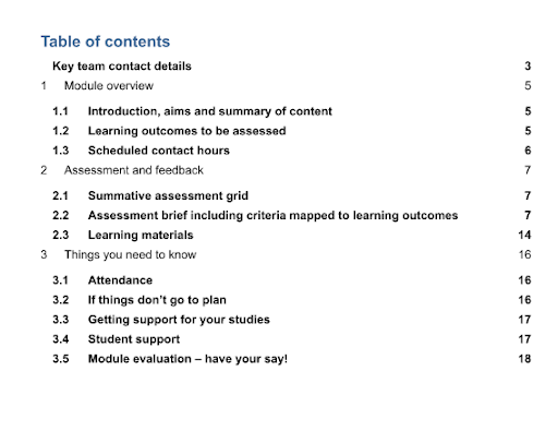 table of contents