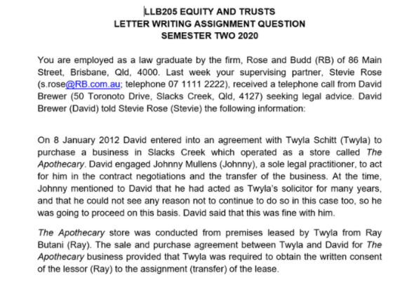 LLB205 Equity and trusts letter writing assignment questions