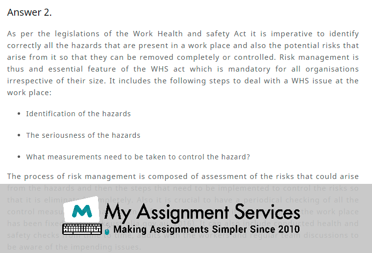 BSBWHS401 assessment answers sample  at my assignment services in australia