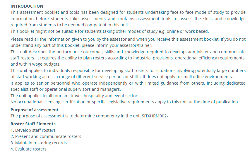 SITXHRM002 Roster Staff Assessment Answers Sample